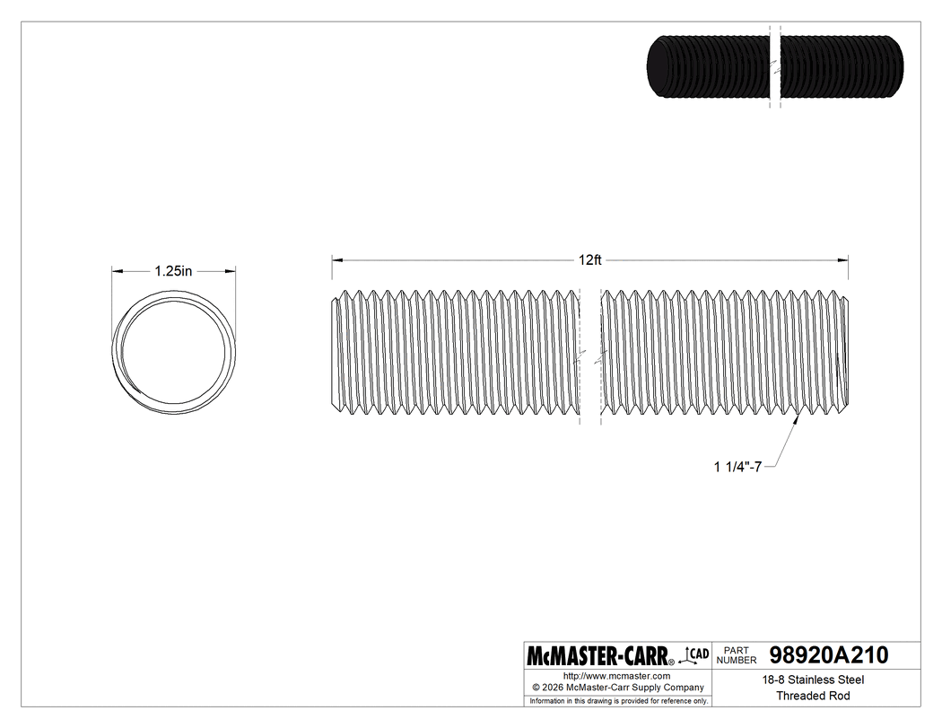 Technical Drawing of 18-8 Stainless Steel Threaded Rod, 1-1/4"-7 Thread Size, 12 Feet Long.